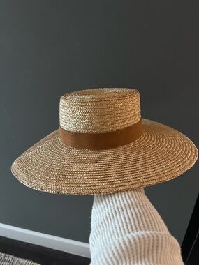 GIGI PIP Natural Straw Boater Hat with Brown Band